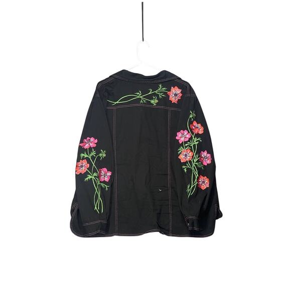 Bob Mackie Wearable Art Button Up Black Denim Jacket Embroidered Florals 1X EUC - Picture 2 of 9